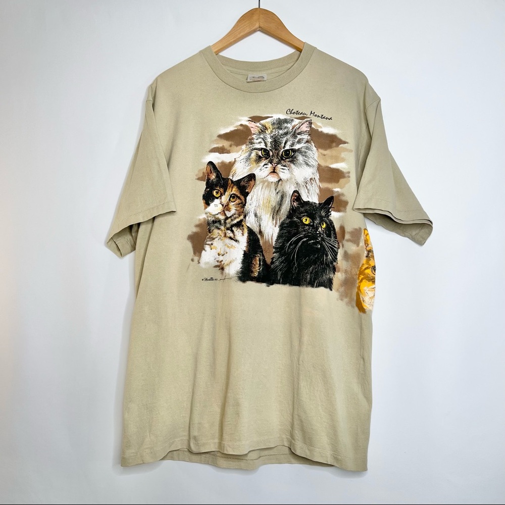VINTAGE HAZELWOODS 1993 GRAPHIC CAT TEE SHORT SLEEVE 100% COTTON CHATEAU, MO